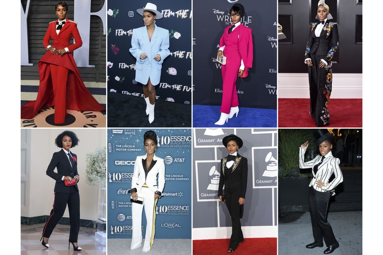 Esta combinación de fotografías muestra varios trajes de la actriz y cantante Janelle Monae. (Foto AP)