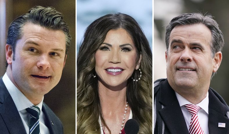 Esta combinación de imágenes muestra a Pete Hegseth, Kristi Noem y John Ratcliffe. (AP Foto/de izquierda a derecha: Evan Vucci, J. Scott Applewhite, Patrick Semansky)