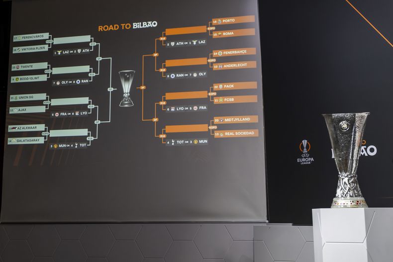 Imagen de los emparejamientos en la ronda de octavos de final de la Liga Europa de la UEFA, después del sorteo en la sede de la UEFA, el viernes 25 de febrero de 2025, en Nyon, Suiza. (Martial Trezzini/Keystone via AP)