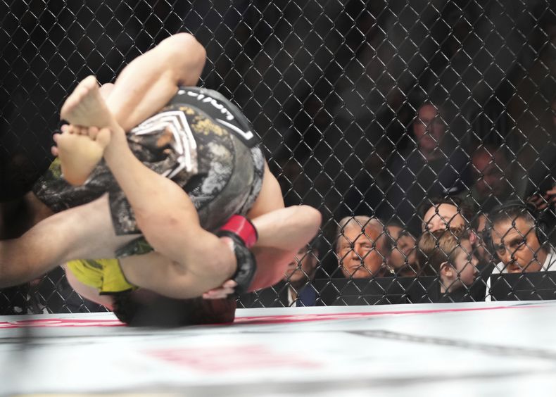 El presidente Donald Trump y X Æ A-Xii, el hijo del multimillonario Elon Musk, observan una pelea en la función UFC 314, el sábado 12 de abril de 2025, en Miami (AP Foto/Lynne Sladky)