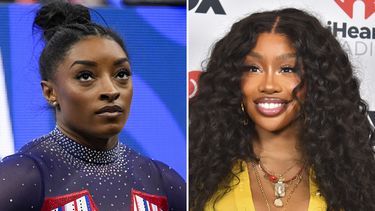 Esta fotografía combinada muestra a la gimnasta Simone Biles en las Pruebas Olímpicas de Gimnasia de Estados Unidos el 30 de junio de 2024 en Minneapolis, izquierda, y a SZA en los Premios iHeartRadio Music el 1 de abril de 2024 en Los Ángeles. (Foto AP)
