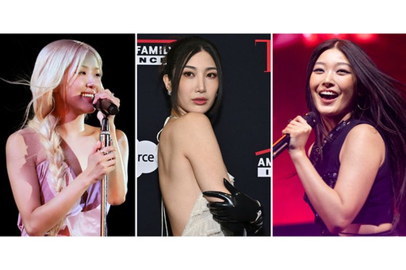 Esta combinación de fotos muestra a Rosé actuando en el Global Citizen Festival en Nueva York el 27 de septiembre de 2025, a la izquierda, Ejae, de KPop Demon Hunters, en la gala de honores A Year in TIME en Nueva York el 10 de diciembre de 2025, en el centro, y Yoonchae, de KATSEYE, actuando en Inglewood, California, el 12 de diciembre de 2025. (Foto AP)