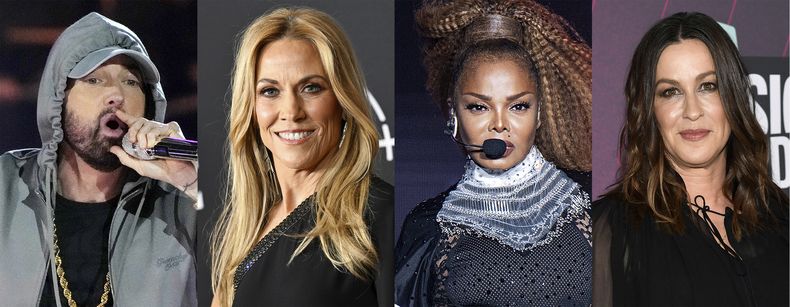 Esta combinación de imágenes muestra a Eminem, de izquierda a derecha, Sheryl Crow, Janet Jackson y Alanis Morissette. (Foto AP)