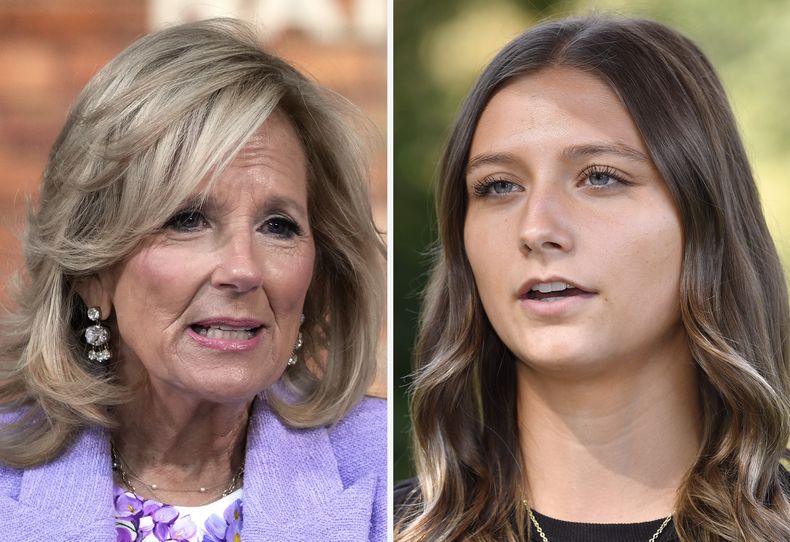 Esta foto combinada muestra a la primera dama Jill Biden en Washington, el 13 de noviembre de 2023, a la izquierda, y a Hadley Duvall en Versailles, Kentucky, el 20 de septiembre de 2023. (AP Foto)