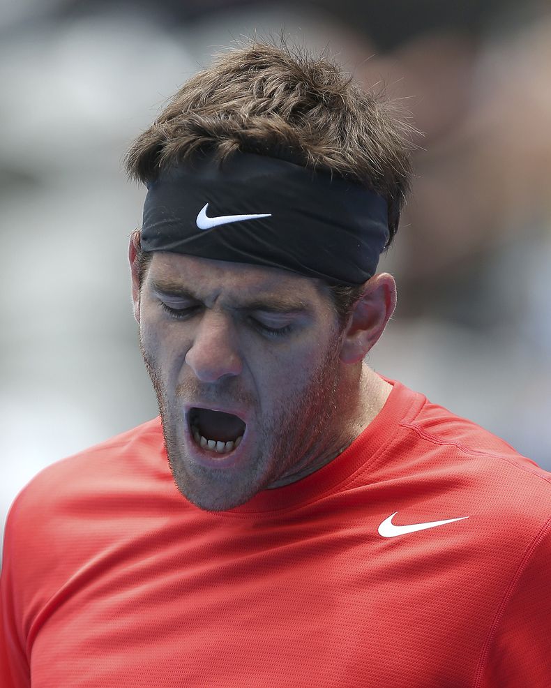 El argentino Juan Mart&iacute;n del Potro grita luego de fallar un tiro en su duelo de cuartos de final contra el checo Radek Stepanek, en el torneo de Sydney, el jueves 9 de enero de 2014 (AP Foto/Rob Griffith)