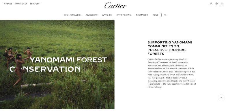 Esta toma, que fue retirada del sitio web de Cartier, muestra a cuatro niños yanomamis jugando en un campo verde, mientras que en la parte alta de la página hay hipervínculos para adquirir joyería. La marca francesa de joyería de lujo dijo que estaba trabajando para promover la cultura de esa etnia indígena y proteger la selva. Pero el proyecto que el sitio describía nunca se llevó a cabo, y Cartier retiró la fotografía cuando The Associated Press la contactó. (Cartier vía AP)