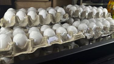 Cajas de huevos dentro de un refrigerador en Normas Sweets Bakery martes, 11 de febrero 2025, en Nueva Orleans. (AP foto/Stephen Smith)