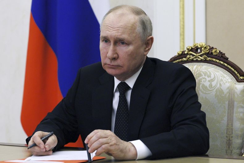 El presidente de Rusia, Vladímir Putin, preside una reunión del Consejo de Seguridad por videoconferencia en Moscú, Rusia, el jueves 22 de junio de 2023. (Sergei Ilyin, Sputnik, Kremlin Pool Foto via AP)
