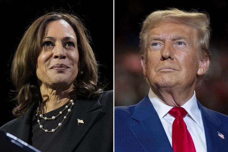 En esta combinación de fotos de archivo aparecen la candidata presidencial y vicepresidenta demócrata, Kamala Harris, izquierda, en un evento de campaña en Erie, Pensilvania, el 14 de octubre de 2024, y el candidato presidencial y expresidente republicano, Donald Trump, en un mitin de campaña en Uniondale, Nueva York, el 18 de septiembre de 2024. (AP Foto)