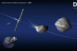 El esquema de la misión DART muestra el impacto en la luna pequeña del asteroide (65803) Didymos, con el que se pretende desviar su trayectoria. (NASA/JOHNS HOPKINS)