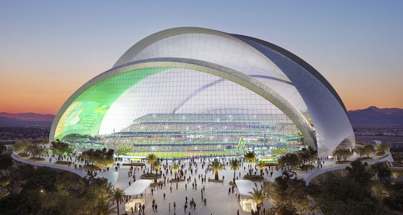 Los Atléticos de Oakland y sus equipos de diseño publicaron el martes 5 de marzo de 2024 de la planeación de su nuevo estadio de $ 1.5 mil millones en Las Vegas que muestran cinco capas superpuestas con un aspecto similar a la famosa Ópera de Sydney. (Negativ vía AP)