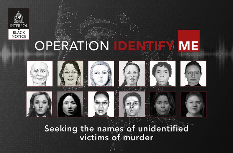 Esta imagen de un cartel publicado en la web de Interpol el 10 de mayo de 2023 recoge un llamamiento internacional para identificar a mujeres asesinadas. (Interpol vía AP)