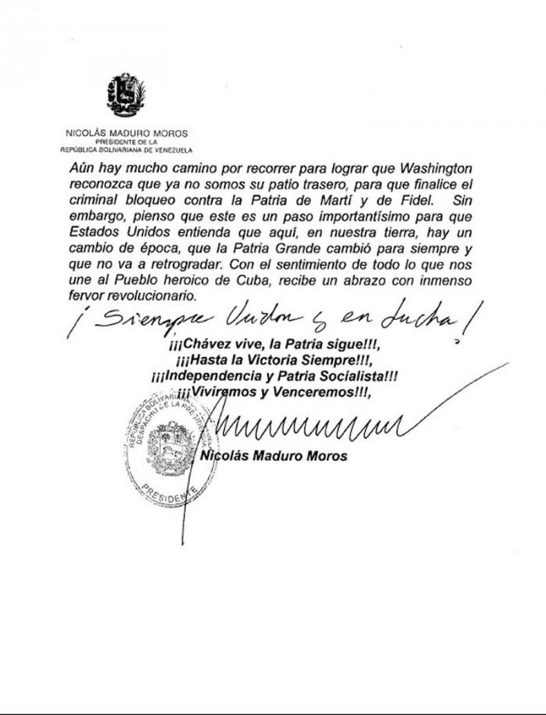 Cartas de Maduro a Fidel y Raúl Castro con mensaje hipotético de Chávez.