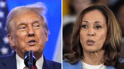 En esta combinación de fotos se muestra al expresidente y candidato presidencial republicano Donald Trump el 15 de agosto de 2024, en Bedminster, Nueva Jersey, y a la vicepresidenta y candidata presidencial demócrata Kamala Harris en un evento de campaña el 16 de agosto de 2024, en Raleigh, Carolina del Norte. (AP Foto)