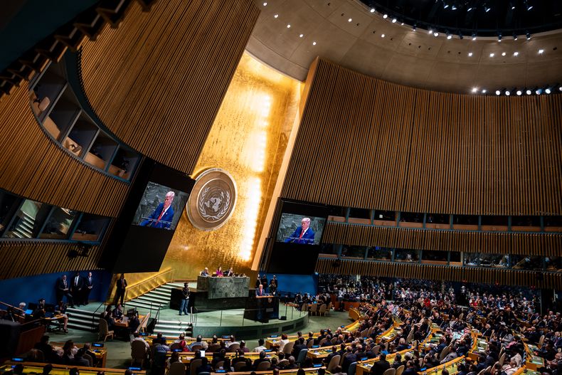 El presidente Donald Trump se dirige a la 80ª sesión de la Asamblea General de las Naciones Unidas, el martes 23 de septiembre de 2025, en la sede de la ONU. (AP Foto/Angelina Katsanis)