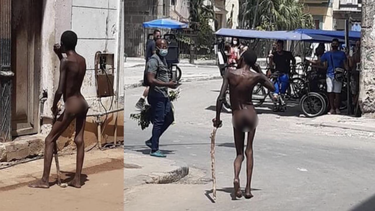 un cubano desnudo con signos de desnutricion pasea por las calles de la habana vieja