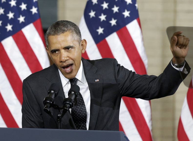 El presidente Barack Obama dando un discurso en Union Depot, en Minnesota, el mi&eacute;rcoles 26 de febrero de 2014. (Foto AP/Jim Mone)