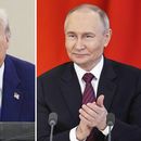 El presidente estadounidense Donald Trump (izquierda) habla el 16 de mayo de 2025 en Abu Dabi, Emiratos Árabes Unidos; y el presidente ruso Vladimir Putin aplaude el 10 de mayo de 2025, en Moscú. (Fotos de archivo de AP)