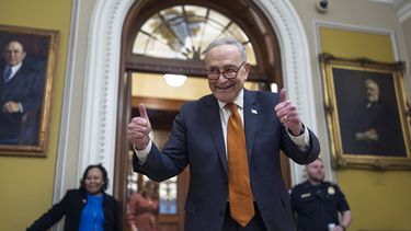 El líder de la mayoría en el Senado, el demócrata por Nueva York Chuck Schumer, celebra mientras el Senado comienza a votar la ley de financiamiento del gobierno justo a tiempo para cumplir el plazo límite de medianoche, en el Capitolio, Washington, el viernes 20 de diciembre de 2024. (AP Foto/J. Scott Applewhite)