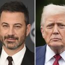 Jimmy Kimmel en el upfront de Walt Disney Television en Nueva York el 14 de mayo de 2019, a la izquierda, y el presidente Donald Trump en el jardín sur de la Casa Blanca el 1 de agosto de 2025, en Washington. (Foto AP)