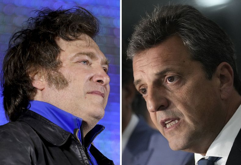 ARCHIVO - Esta imagen combinada muestra a la izquierda a Javier Milei, el candidato de la coalición Libertad Avanza, en Córdoba, Argentina, el 16 de noviembre de 2023; y a la derecha, al ministro de Economía Sergio Massa, de la peronista Unión por la Patria, en Brasilia, Brasil, el 28 de agosto de 2023. Los argentinos acuden el domingo 19 de noviembre de 2023 a un balotaje que según los sondeos previos muestran prácticamente un empate entre ambos aspirantes. (AP Foto/Archivo)