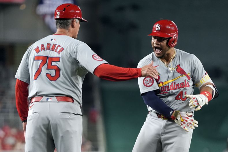 El venezolano Willson Contreras, de los Cardenales de San Luis, festeja con el coach de la antesala Ron Warner luego de batear un jonrón ante los Nacionales de Washington, el viernes 5 de julio de 2024 (AP Foto/Mark Schiefelbein)