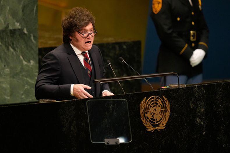 El presidente de Argentina, Javier Milei, habla en la 181ra sesión de la Asamblea General de las Naciones Unidas en la sede del organismo, el miércoles 23 de septiembre de 2026. (AP Foto/Seth Wenig)