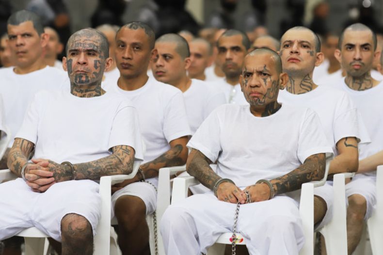 Presuntos miembros de pandillas participan en un juicio masivo en el Centro de Confinamiento por Terrorismo (CECOT) en Tecoluca, El Salvador, el jueves 23 de abril de 2026. (Foto AP/Salvador Meléndez)