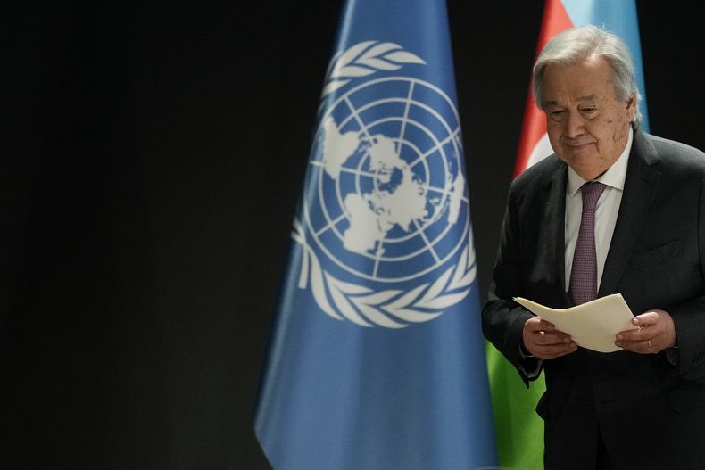 Antonio Guterres, secretario general de Naciones Unidas, durante la Cumbre Climática de la ONU (COP29), el 13 de noviembre de 2024, en Bakú, Azerbaiyán. (AP Foto/Rafiq Maqbool)