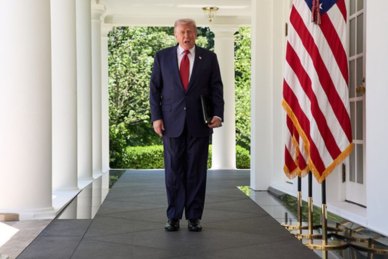 El presidente de Estados Unidos, Donald Trump, camina por la columnata de la Casa Blanca para asistir a un almuerzo en honor de las madres, el viernes 8 de mayo de 2026, en el Rosedal de la Casa Blanca, en Washington. (AP Foto/Jacquelyn Martin)