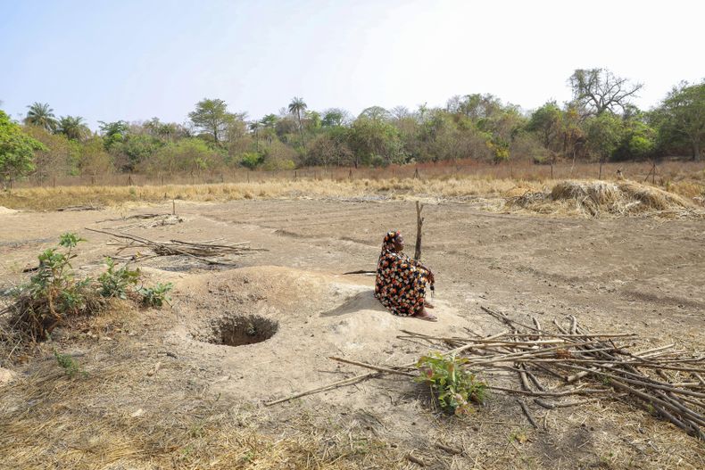 Aminata Doumbia, presidenta del grupo de mujeres, descansa junto a un pozo en tierras de cultivo arrendadas con ayuda de USAID, pero que aún no se han cultivado porque cesó la financiación en Kimbirila-Nord, Costa de Marfil, el 21 de febrero de 2025. (Foto AP/Misper Apawu)