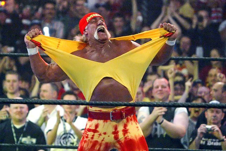 ARCHIVO - El famoso luchador Hulk Hogan anima al público entre combates durante WrestleMania 21 en Los Ángeles, el 3 de abril de 2005. (Foto AP/Chris Carlson, archivo)