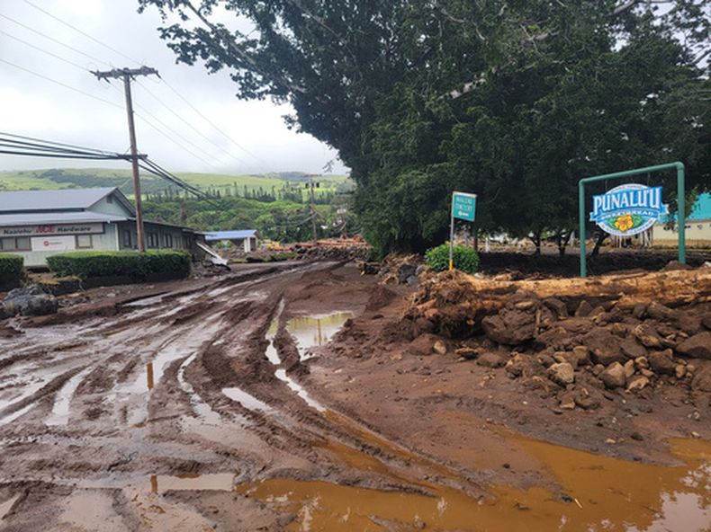 Un camino arrasado por el lodo el lunes 17 de agosto de 2026, en Naalehu, Hawai, tras las fuertes lluvias provocadas por el huracán Lala. (Aina Akamu vía AP)