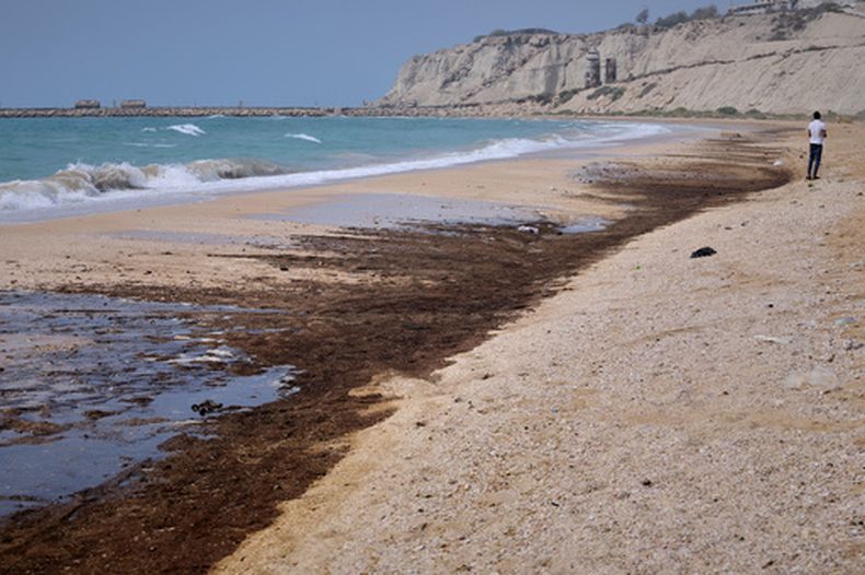 Restos oscuros de petróleo cubren parte de la costa de Shib Deraz Beach en la isla de Qeshm, Irán, el jueves 13 de agosto de 2026, entre ataques bélicos contra barcos e infraestructura en el estrecho de Ormuz y sus alrededores, aunque no fue posible identificar de forma independiente la causa del derrame. (Amirhosein Khorgooei/ISNA)