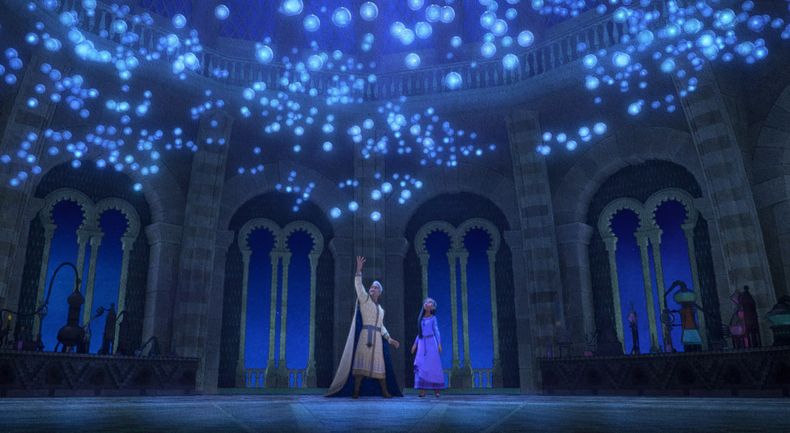 En esta imagen proporcionada por Disney, Rey Magnífico, con la voz de Chris Pine, izquierda, y Asha con la voz de Ariana DeBose, en una escena de la película animada Wish. (Disney vía AP)