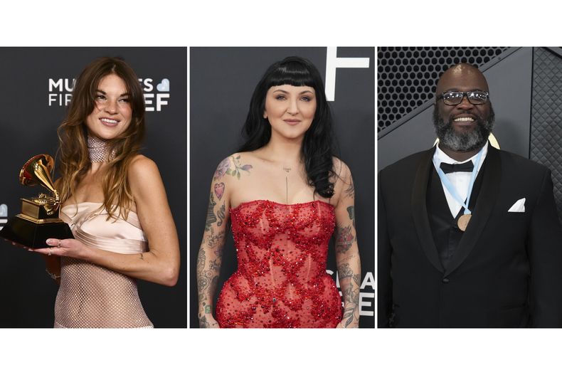 Amy Allen posa con el premio a la mejor compositora del año (no clásica) durante la 67.ª edición de los Premios Grammy en Los Ángeles el 2 de febrero de 2025 (izquierda); Julia Michaels aparece en la 67.ª edición de los Premios Grammy en Los Ángeles el 2 de febrero de 2025 (centro); y Sebastian Kole aparece en la 66.ª edición de los Premios Grammy en Los Ángeles el 4 de febrero de 2024. (Foto AP)