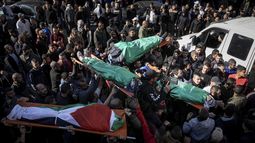 El funeral de palestinos caídos en enfrentamientos con israelíes, en Yenín, Cisjordania, el 7 de enero de 2024. (Foto AP/Majdi Mohammed)