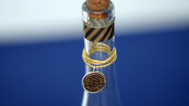 ARCHIVO - Una botella con agua potable de la Ciudad de Nueva York es mostrada en una conferencia de prensa sobre reparaciones realizadas al sistema de suministro de agua de la ciudad, en Nueva York, el 30 de septiembre de 2024. (AP Foto/Seth Wenig, archivo)