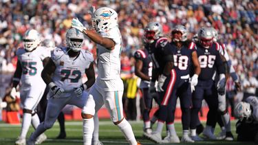 El fullback de los Miami Dolphins, Alec Ingold, al centro, celebra después de su touchdown durante la segunda mitad Contra los New England Patriots, el domingo 6 de octubre de 2024, en Foxborough, Massachusetts (AP Foto/Steven Senne)