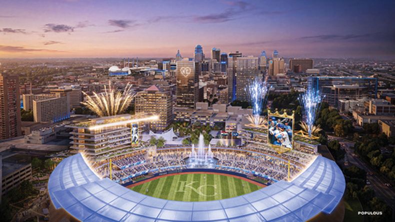 Render de Populous y los Reales de Kansas City del nuevo estadio del equipo de las Grandes Ligas que se construirá en el centro de la ciudad de Kansas City, Missouri el miércoles 22 de abril del 2026. (Populous/Kansas City Royals via AP)