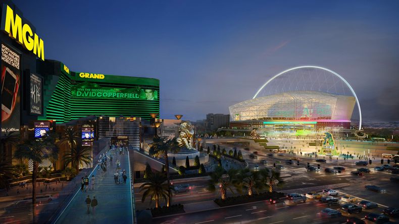 Representación del propuesto estadio de los Atléticos de Oakland para un nuevo estadio en Las Vegas presentado por el equipo el viernes 26 de mayo del 2023. (Oakland Athletics via AP)