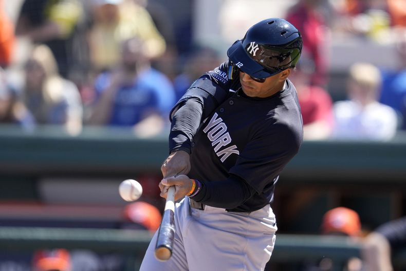 Trent Grisham (12) jardinero central de los Yanquis de Nueva York conecta un elevado durante la primera entrada del partido de pretemporada ante los Tigres de Detroit, el sábado 24 de febrero, en Lakeland, Florida. (AP Foto/Charlie Neibergall)