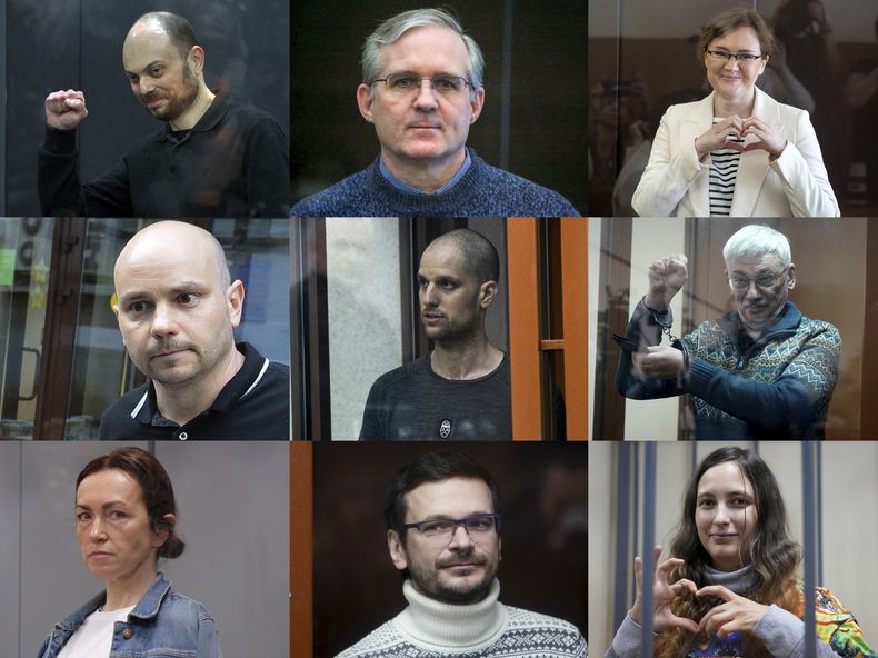 Esta combinación de imágenes muestra, en el centro, al reportero del Wall Street Journal Evan Gershkovich y, en el sentido de las agujas del reloj, al activista opositor ruso Vladimir Kara-Murza (arriba izquierda); al ejecutivo de seguridad corporativa y exmarine Paul Whelan; Lilia Chanysheva, excoordinadora de las oficinas regionales del difunto líder opositor Alexei Navalny; al copresidente del Memorial Human Rights Centre, que ganó un Nobel de la Paz, Oleg Orlov; la artista y música Sasha Skochilenko; al activista opositor ruso y exfuncionario del distrito de Krasnoselsky, Ilya Yashin; a Alsu Kurmasheva, periodista de Radio Free Europe/Radio Liberty, financiada por Washington, y al antiguo líder del movimiento Open Russia, Andrei Pivovarov. (AP Foto)