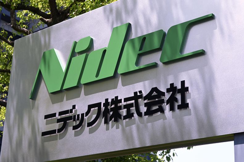 El logo de la fabricante de motores japonesa Nidec Corp., visto en Kioto, Japón, el 15 de mayo de 2026. (Kyodo News via AP)