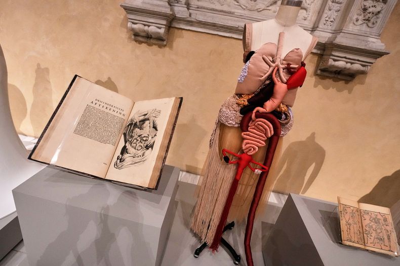 La obra Corset Anatomia de Renata Buzzo, a la derecha, se exhibe durante el anuncio, en el Museo Metropolitano de Arte de Nueva York, el lunes 17 de noviembre de 2025, sobre la próxima exposición de moda de primavera Costume Art, que se inaugurará en la Met Gala de 2026. (Foto AP/Richard Drew)