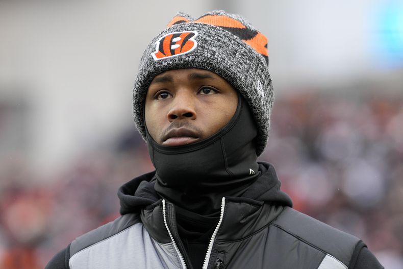 ARCHIVO - El receptor abierto de los Cincinnati Bengals, Tee Higgins, en la banca durante un partido de fútbol americano de la NFL contra los Cleveland Browns, el 7 de enero de 2024, en Cincinnati. Higgins firmó su contrato de franquicia el lunes, pero su futuro en Cincinnati sigue en duda. (AP Foto/Jeff Dean, archivo)