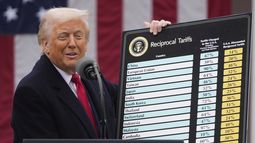 El presidente Donald Trump habla durante un evento para anunciar nuevos aranceles en la Rosaleda de la Casa Blanca, el 2 de abril de 2025, en Washington. (AP Foto/Mark Schiefelbein, Archivo)