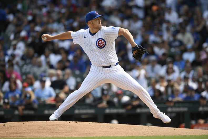 El abridor de los Cachorros de Chicago Jameson Taillon lanza en la primera entrada ante los Yankees de Nueva York el domingo 8 de septiembre del 2024. (AP Foto/Paul Beaty)