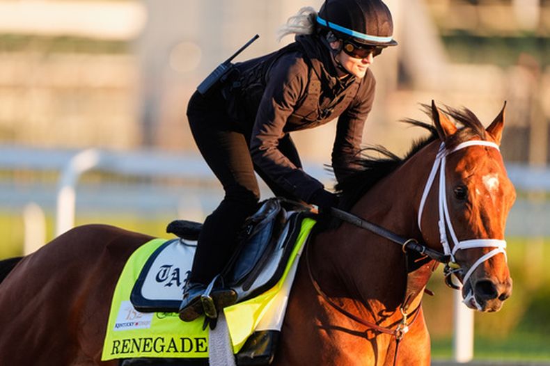 Renegade durante un entrenamiento en Churchill Downs con miras al Kentucky Derby, el jueves 30 de abril de 2026, en Louisville, Kentucky. (AP Foto/Charlie Riedel)