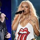 Bad Bunny en CinemaCon 2022 en Las Vegas el 25 de abril de 2022, izquierda, y Karol G en Lollapalooza en Chicago el 3 de agosto de 2023. (Foto AP)